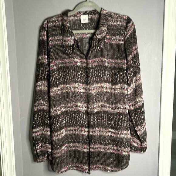Cabi Black and Pink Semi Sheer Long Sleeve Button Front Blouse Size Large - Picture 9 of 9